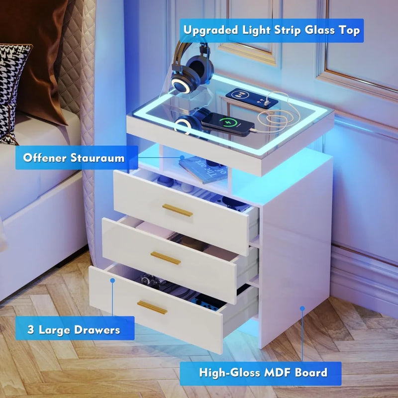 2 Set Nightstands with Wireless Charging Station, Auto Sensor 3 Color Dimmable LED Night Stand, Modern Bedside Table with 3 Dra