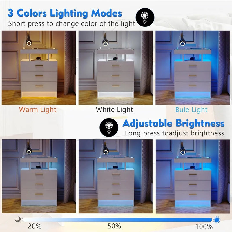 2 Set Nightstands with Wireless Charging Station, Auto Sensor 3 Color Dimmable LED Night Stand, Modern Bedside Table with 3 Dra