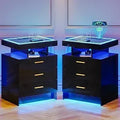 2 Set Nightstands with Wireless Charging Station, Auto Sensor 3 Color Dimmable LED Night Stand, Modern Bedside Table with 3 Dra