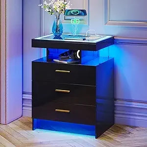 2 Set Nightstands with Wireless Charging Station, Auto Sensor 3 Color Dimmable LED Night Stand, Modern Bedside Table with 3 Dra